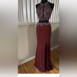 Primavera Couture Burgundy Embellished Gown